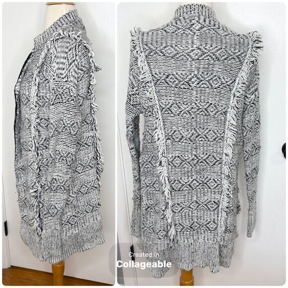 Gap Cozy Black and White Women's Cardigan Sweater Southwestern Fringe - Picture 3 of 4